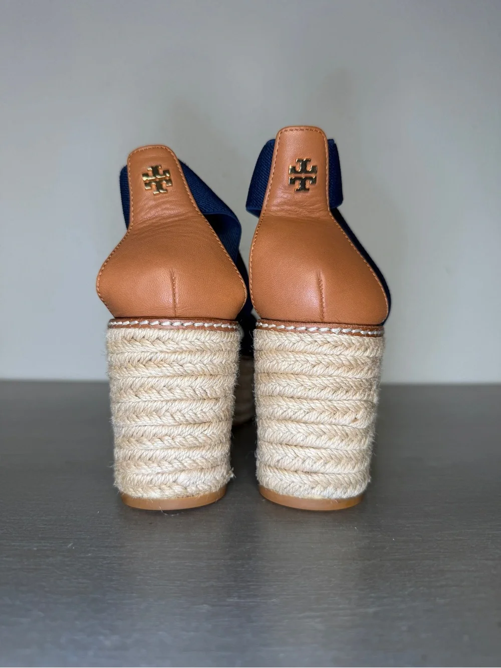 Tory Burch Freida Canvas Leather Blue Platform Espadrille Sandals Women's Sz 8 M